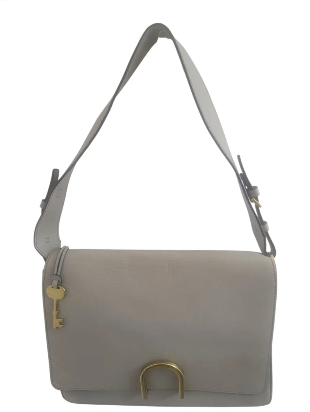 Fossil Leather Shoulder Bag Light Gray/Gold Hardware U-Shape Clasp Charm, NWOT - Picture 3 of 15